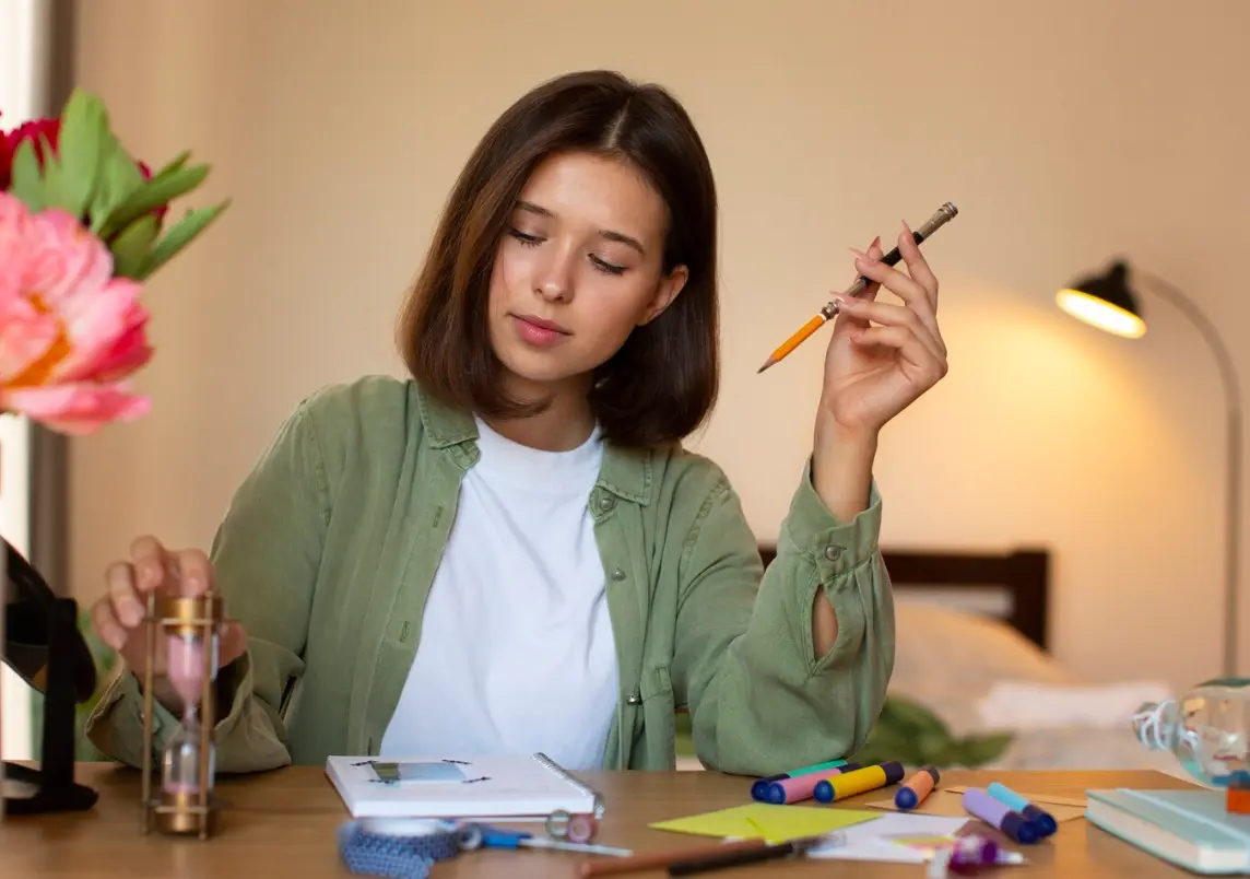 A young woman sitting and writing in a journal.