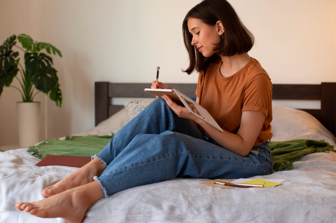 A woman journaling at home.