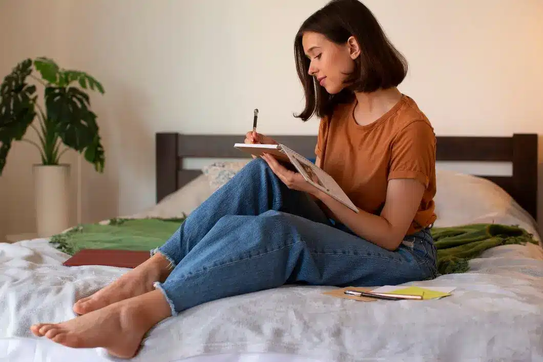 A woman sitting at home, writing in a journal as a practice of mindfulness and self-reflection.