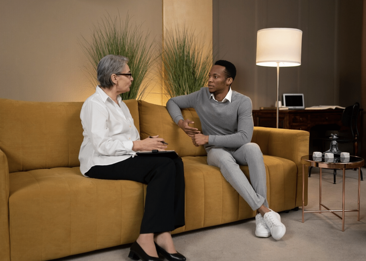 A person in a focused, supportive conversation during a clinical therapy session.
