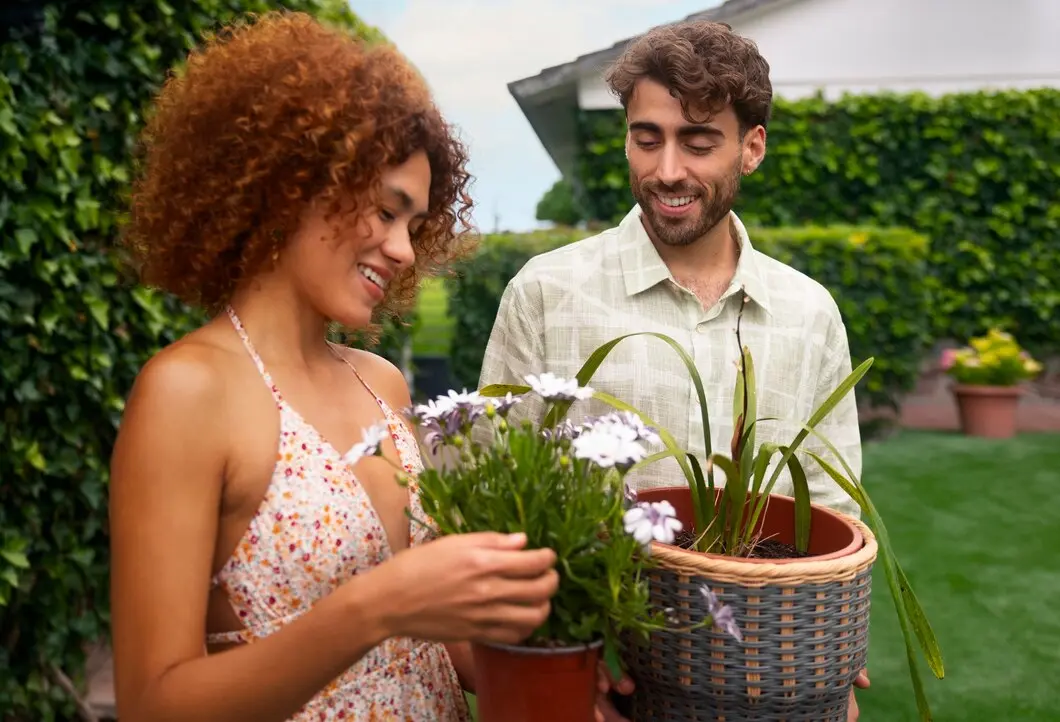 A couple smiling while working on a small gardening project together outdoors.