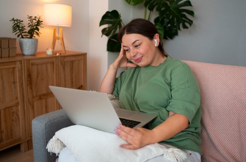 Woman smiling during her first online therapy session